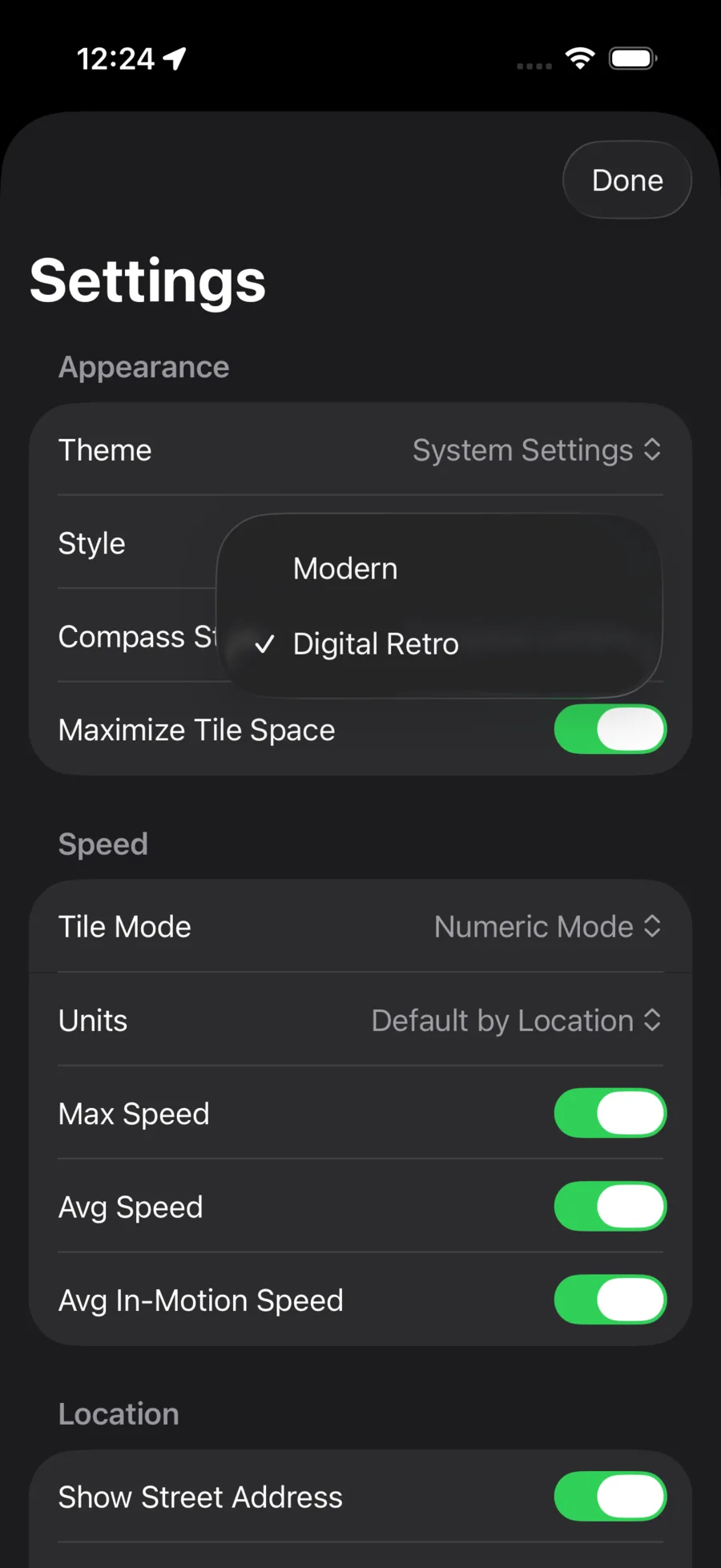 Car Driver Dash settings showing the Modern/Digital Retro style picker