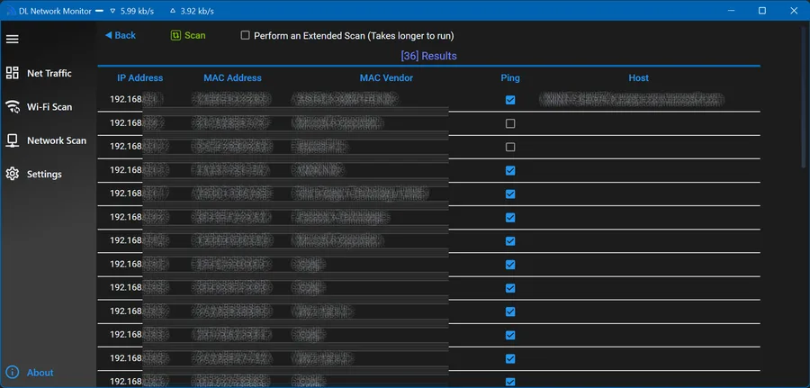 DL Network Monitor local network scan results