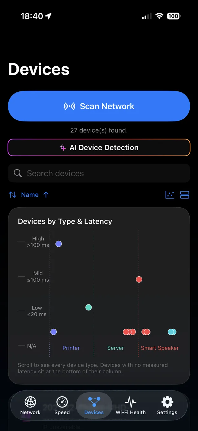 Network Pulse iOS devices grouped by type and latency