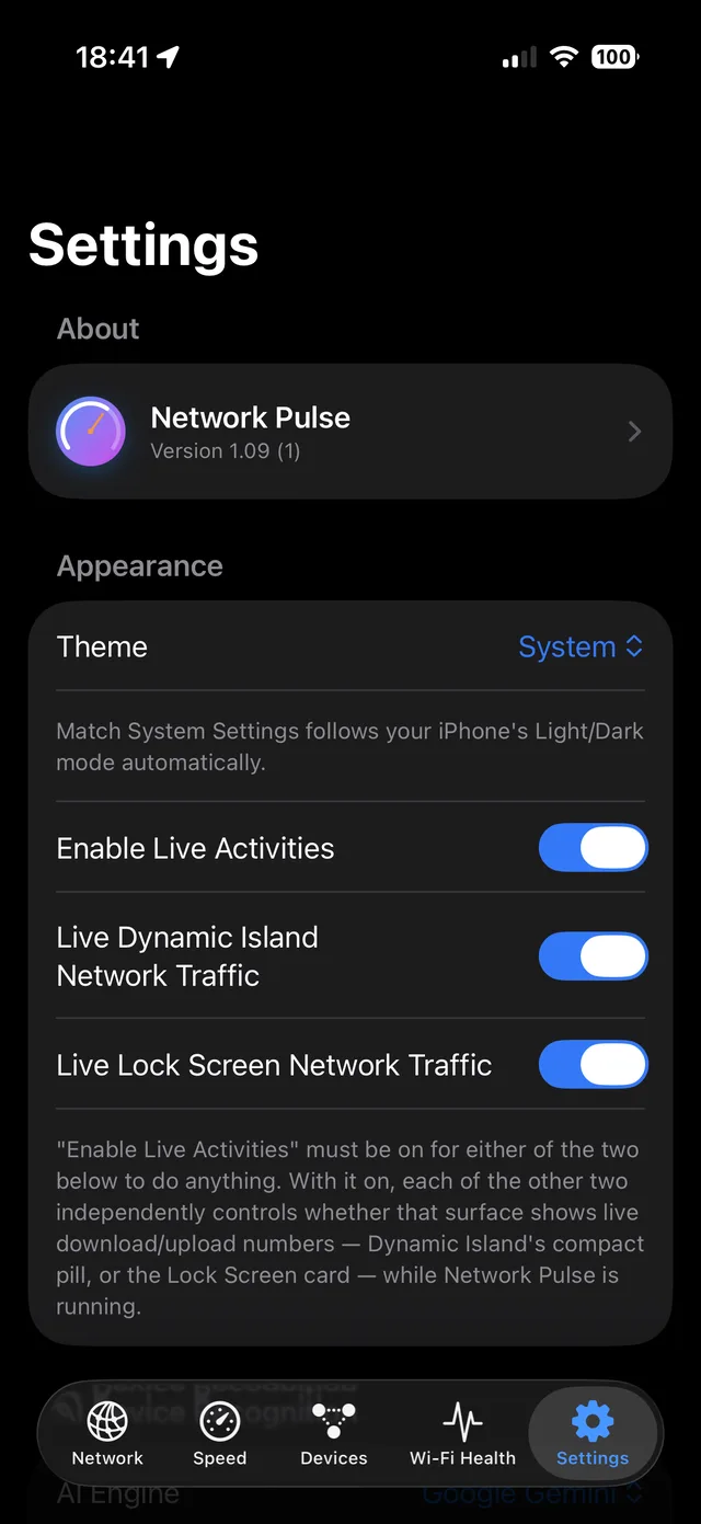 Network Pulse iOS settings with Live Activities options